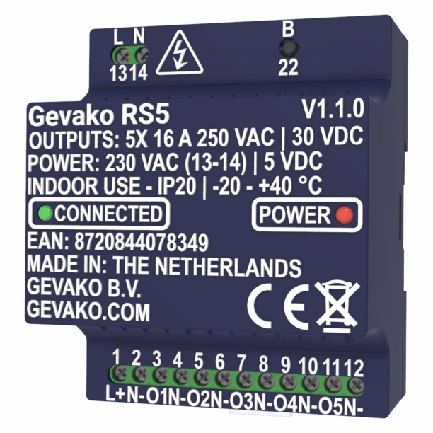 Gevako RS5 smart relaismodule voor Home Assistant - 3D vooraanzicht rechts