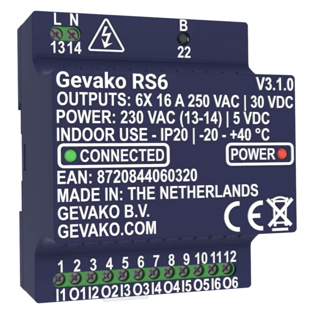 Gevako RS6 smart relay module for Home Assistant - 3D front left
