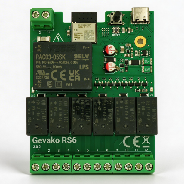 Gevako RS6 relay module PCB - top view